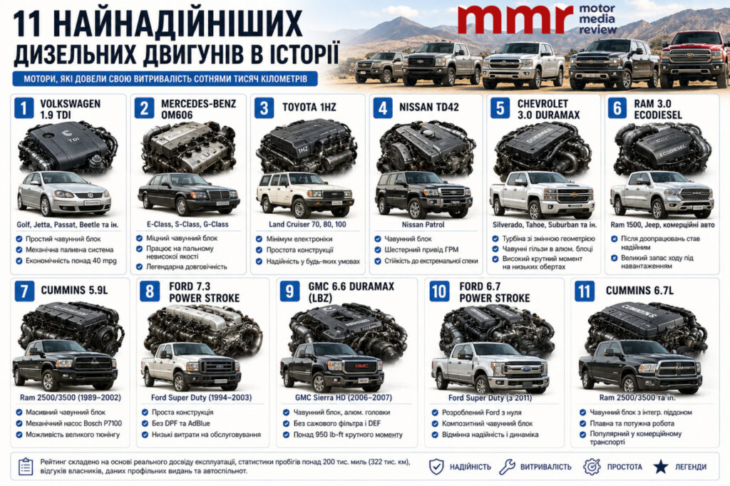Експерти назвали 11 найнадійніших дизельних двигунів із мільйонним ресурсом